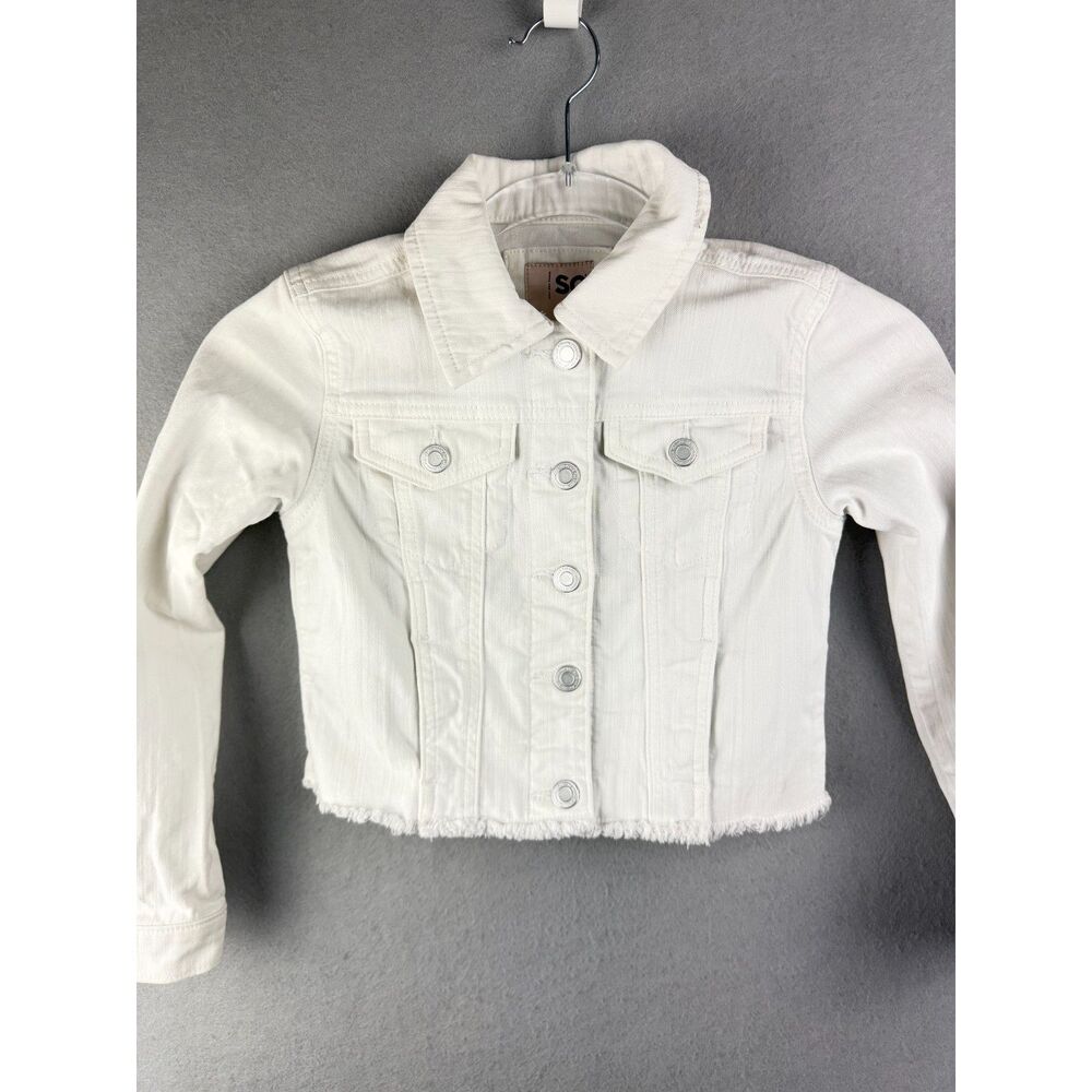 SO Girls Size 7 White Cropped Denim Jacket Frayed Hem Stretch Jean Jacket